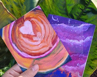 Latte & Galaxy Note Cards | Oil Paint and Cozy Gouache Greeting Cards Pack of 10 | Fall Themed Stationery for Coffee Shops
