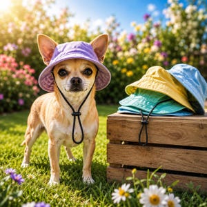 Puede incluir: Un perro pequeño de color canela lleva un sombrero de pescador de color morado claro con una correa negra ajustable para la barbilla. Junto al perro, una pila de tres sombreros adicionales en amarillo, turquesa y azul claro con correa.