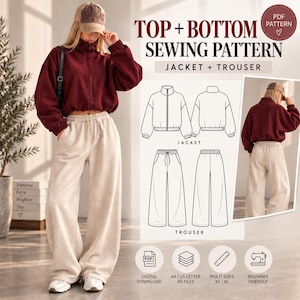 May include: A digital sewing pattern for a jacket and trousers, featuring text that reads TOP + BOTTOM SEWING PATTERN JACKET + TROUSER. The image displays technical line drawings of the garments alongside a photo of the finished set in maroon and cream.