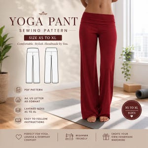 May include: A digital sewing pattern for yoga pants, featuring text YOGA PANT SEWING PATTERN, SIZE XS TO XL, and diagrams of pants. The design includes PDF pattern, A4, US letter, A0 format, layered sizes, and instructions for beginner-friendly sewing.