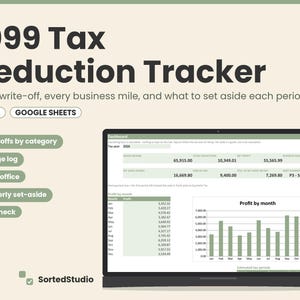 May include: A 1099 Tax Deduction Tracker digital spreadsheet for Excel and Google Sheets. The interface displays a dashboard with financial data, including gross income, deductions, net profit, and a bar chart titled Profit by month.
