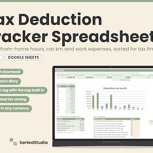 以下が含まれることがあります： ExcelおよびGoogleスプレッドシート用の税控除トラッカー。インターフェースには、Deductions by monthというタイトルの棒グラフ、経費カテゴリ、チェックリストを備えたダッシュボードが表示されています。テキスト：Tax Deduction Tracker Spreadsheet。
