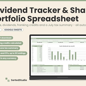 Può includere: Un foglio di calcolo digitale per il monitoraggio dei dividendi e del portafoglio azionario per Excel e Google Sheets. L'interfaccia mostra una dashboard con dati finanziari, un grafico a barre dei dividendi mensili e tabelle di valutazione.