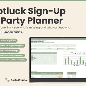 May include: A digital Potluck Sign-Up & Party Planner template for Excel and Google Sheets. The screen displays a dashboard with a bar chart titled Dishes signed up by category, dietary tables, and a list of features including share online or print it.
