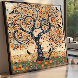May include: A square framed wall art piece featuring a stylized tree with dark blue, swirling branches and a canopy filled with orange, yellow, and red circular patterns. Black birds are perched on branches, and orange pumpkins sit on the ground.