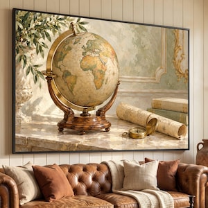 Oversized European Globe Canvas, Vintage Map Wall Art, Antique Study Decor