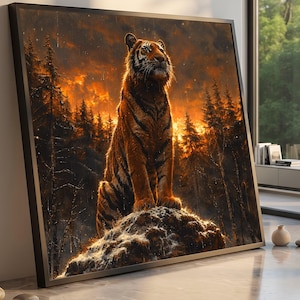 Puede incluir: Una impresión de arte mural cuadrada y enmarcada que muestra a un tigre sentado sobre una roca. El tigre es naranja con rayas negras y mira hacia arriba frente a un paisaje forestal oscuro de color naranja intenso con pinos y lluvia.