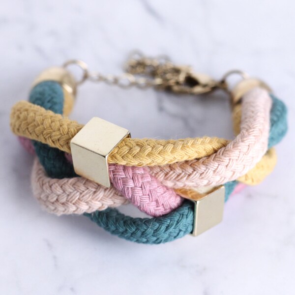 Cotton cord cuff in emerald, ochre, light pink and beige with beads