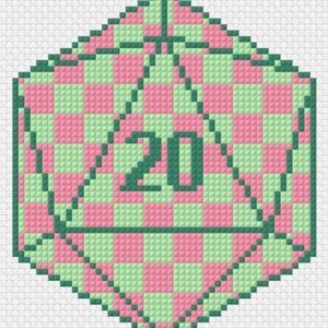 Op de afbeelding: Een kruissteekpatroon van een twintigzijdige dobbelsteen, of d20, met een dambordpatroon van afwisselende lichtroze en lichtgroene vierkantjes. De dobbelsteen is omlijnd in donkergroen, met het getal 20 in het midden in donkergroen.