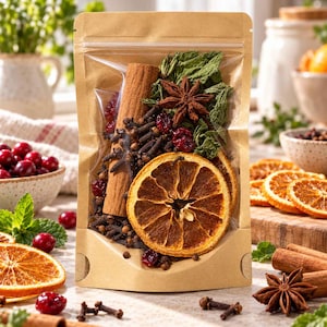May include: A stand-up kraft paper pouch with a clear window containing a blend of dried orange slices, a whole cinnamon stick, star anise, whole cloves, dried cranberries, and green herbs. The pouch is sealed with a plastic zipper top.