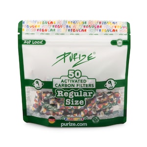 May include: A white and green zip-lock pouch containing 50 activated carbon filters in regular size. The packaging features the Purize logo, the text 50 ACTIVATED CARBON FILTERS, and 9 MM indicators. The filters inside have a colorful geometric pattern.