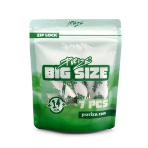 May include: A white and green plastic zip lock pouch containing seven cylindrical filters. The packaging features the text PURIZE, BIG SIZE, 14 MM, 7 PCS, and purize.com. The filters inside are white with a green leaf pattern printed on them.