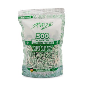 May include: A white resealable plastic pouch containing 500 super slim activated carbon filters. The packaging features green text reading PURIZE, 500 ACTIVATED CARBON FILTERS, and SUPER SLIM SIZE, with a topographic line pattern along the edges.