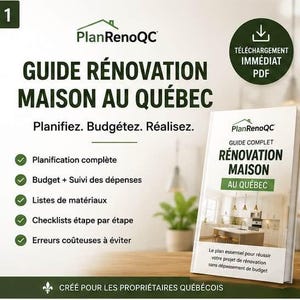 Peut inclure: Un guide de rénovation numérique intitulé GUIDE RÉNOVATION MAISON AU QUÉBEC par PlanRenoQC. Le document présente une liste de contenus incluant la planification, le suivi budgétaire, les listes de matériaux, des listes de contrôle et des erreurs à éviter.