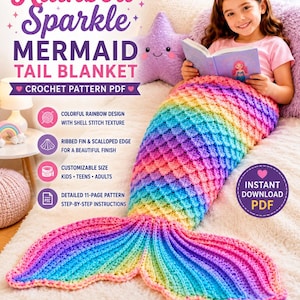 Peut inclure: Un modèle de crochet en PDF pour une couverture en forme de queue de sirène aux couleurs de l'arc-en-ciel. Le design présente une texture en point coquille, une nageoire côtelée et un bord festonné avec 11 pages d'instructions détaillées.