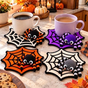 May include: Four crocheted spider web coasters, each featuring a small, plush spider with large eyes. The coasters come in black and white, purple and black, orange and black, and grey and white color combinations, each supporting a ceramic mug.
