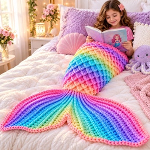 May include: A rainbow-colored crochet mermaid tail blanket featuring a textured scale pattern on the body and a wide, ribbed fin at the bottom. The yarn transitions through vibrant shades of pink, orange, yellow, green, blue, and purple.
