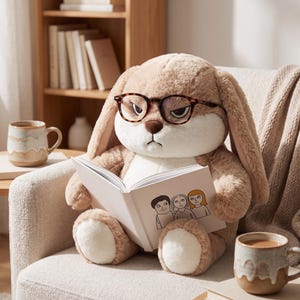 May include: A plush rabbit with tan and white fur wearing tortoise-shell glasses. The rabbit is holding an open white book with a line drawing of three people on the cover. The rabbit has long ears, a brown nose, and a serious facial expression.