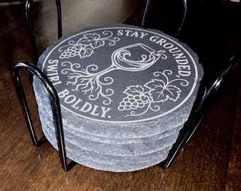 Custom Engraved Slate Coasters – Set of 5 with Holder – Personalized Gift