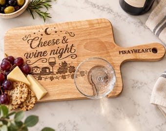 Personalized Engraved Charcuterie Board with Wine Glass Holder – Custom Cheese & Wine Night Gift