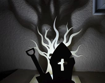 Halloween Graveyard Shadow Caster Lantern with LED – Laser Cut Wood Decor