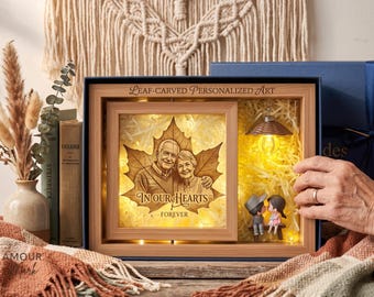 Custom Leaf Carving Photo Frame | Personalized Anniversary Gift for Couple | Unique Illuminated Shadow Box | Wedding Gift | Gift for Him Her