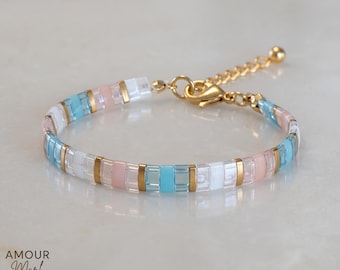Pastel Miyuki Tila Bead Bracelet, Boho Gold Spacer, Minimalist Glass Beaded Jewelry