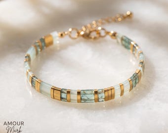 Handmade Miyuki Tila Glass Bracelet, Seafoam Sage Green, 24kt Gold Plated, Coastal Boho Stack