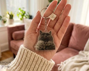 Custom Pet Portrait Acrylic Keychain, Personalized Dog Cat Charm, Memorial Keepsake