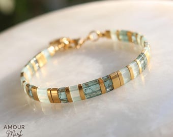 Handwoven Miyuki Tila Glass Bracelet, Seafoam Sage Stack, 24kt Gold Accents