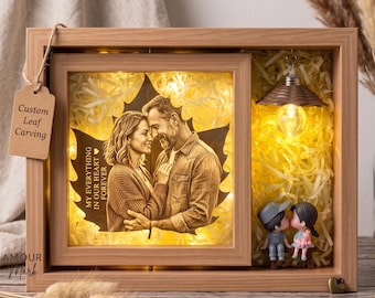 Custom Photo Leaf Carving Light Box, Personalized Leaf Art Portrait, Engraved Skeleton Leaf Frame, Unique Anniversary Wedding Couples Gift