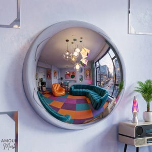 May include: A large, circular convex wall mirror with a thick, light gray frame. The mirror reflects a wide-angle view of a colorful room featuring a teal curved sofa, an orange inflatable chair, a checkered floor, and a city street view.