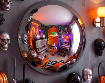 Spooky Y2K Room Decor | Convex Bubble Mirror | Halloween Gothic Home Decor | Chrome Fisheye Wall Mirror | Retro Maximalist Spooky Accent