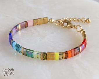 Rainbow Miyuki Tila Glass Bead Bracelet, Minimalist Boho Stackable Jewelry