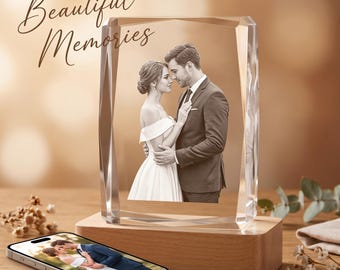 Custom 3D Photo Crystal Keepsake | Laser Engraved Picture with LED Light Base (Gift)