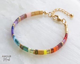 Rainbow Miyuki Tila Bead Bracelet, Gold Chain, Boho Stacking Jewelry