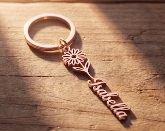 Personalized Birth Flower Keychain, Custom Name Keyring, Floral Purse Charm, Bridesmaid Proposal Gift, Graduation Gift for Her, Mom Gift