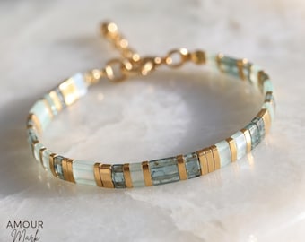 Handwoven Seafoam Glass Bead Bracelet, 24kt Gold Accents, Boho Stackable Jewelry