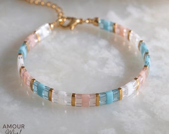 Handmade Miyuki Glass Tila Bead Bracelet, Pastel Geometric Clasp, Boho Summer Jewelry
