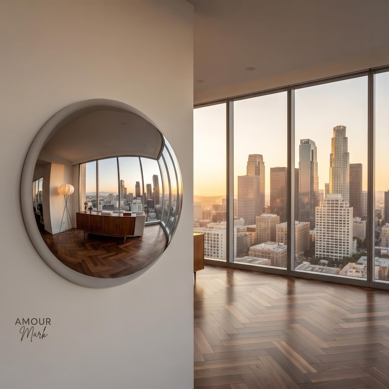 May include: A circular wall mirror with a thick, light-colored frame mounted on a white wall. The mirror reflects a high-rise office interior with a wooden desk, a floor lamp, and a city skyline at sunset. The text AMOUR Mark is printed below.