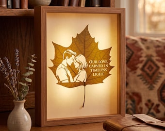 Custom Leaf Carving Night Light, Personalized Couple Photo Engraved, LED Shadow Box Gift