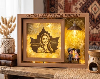 Custom Photo Leaf Art in Lighted Shadow Box, Personalized Leaf Carving Portrait, Unique Anniversary Gift for Couple