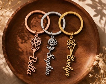 Custom Birth Flower Keychain, Personalized Name Keyring, Stainless Steel Purse Charm, Bridesmaid Proposal, Birthday Gift for Her