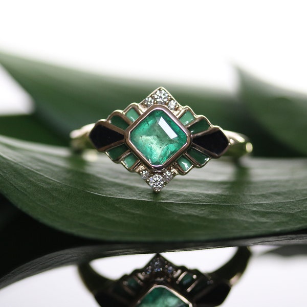 Art Deco Style Ring; Made to Order; Emerald; Diamonds; Vitreous Enamel; 14K Yellow Gold; Alternative Engagement Ring; May; Art Nouveau