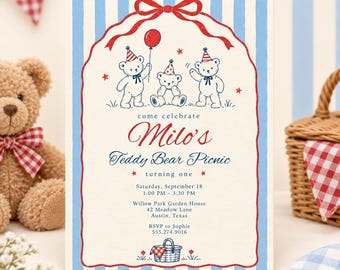 Teddy Bear Picnic 1st Birthday Invitation | Bear Birthday Party Invite | Boy First Birthday | Editable Canva Template AE099