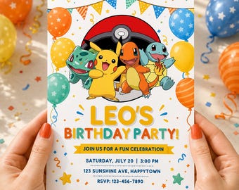 Pokémon-verjaardagskaart voor broers en zussen | Uitnodiging voor kinderfeestjes | Leuke feesttemplates | Bewerkbaar Canva | Gepersonaliseerde feestuitnodigingen AE020