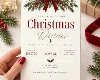 Elegante uitnodiging voor een kerstdiner | Traditionele feestelijke bijeenkomst (bewerkbare Canva-sjabloon) AE133