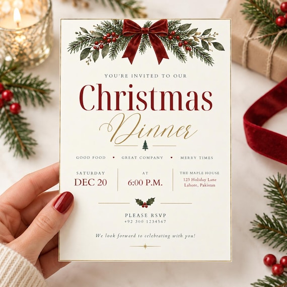 Elegant Christmas Dinner Invitation | Traditional Holiday Gathering (Editable Canva Template) AE133