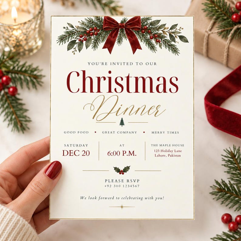 May include: A rectangular Christmas dinner invitation card featuring a dark red velvet bow and green pine branches with red berries at the top. The text reads: You're invited to our Christmas Dinner, Saturday Dec 20, 6:00 P.M., The Maple House.
