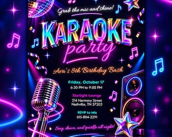Karaoke-uitnodiging voor een 8e verjaardag | Neon muziekfeestuitnodiging | Karaoke-verjaardag voor meisjes | Bewerkbare Canva-sjabloon AE097